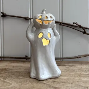 Porcelain Ceramic LED Light Up Ghost With Pumpkin Ornament